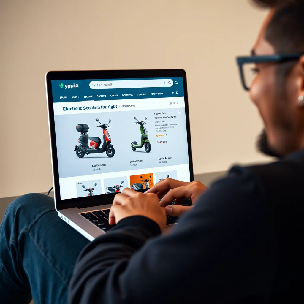 A person using a laptop to browse an online store for electric scooters. The website is showing different scooters with detailed specifications and customer reviews. The person is smiling and looks happy with the shopping experience.