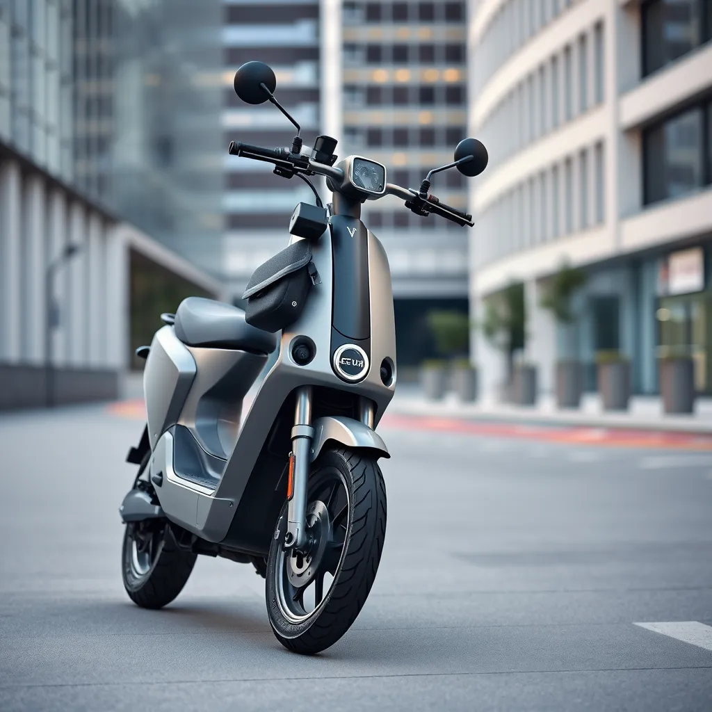 A photorealistic, 8K resolution image of a modern electric scooter on a sleek, minimalist urban background. The scooter is in the foreground, with soft diffused lighting highlighting its metallic frame and sleek design. The background features a city street with contemporary architecture, showcasing a modern, clean aesthetic. The image should evoke a sense of speed, agility, and urban mobility. The scooter should be in a neutral color, with minimal branding, to emphasize its design. The composition should be dynamic, with the scooter angled slightly towards the viewer, inviting exploration. Include a selection of premium accessories on the scooter, such as a handlebar bag and a phone holder.