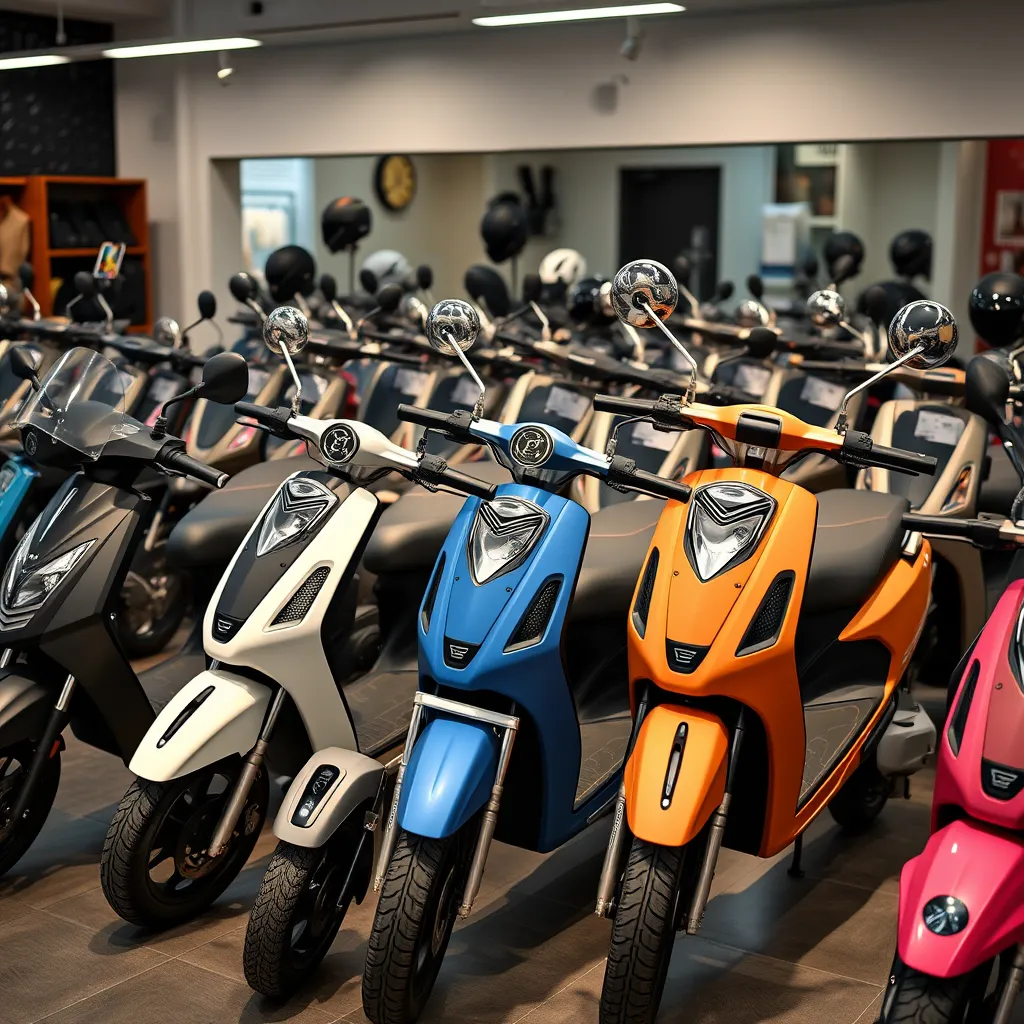 A variety of electric scooters lined up in a showroom. The scooters are of different styles, sizes, and colors. There are also some accessories like helmets and phone holders displayed.