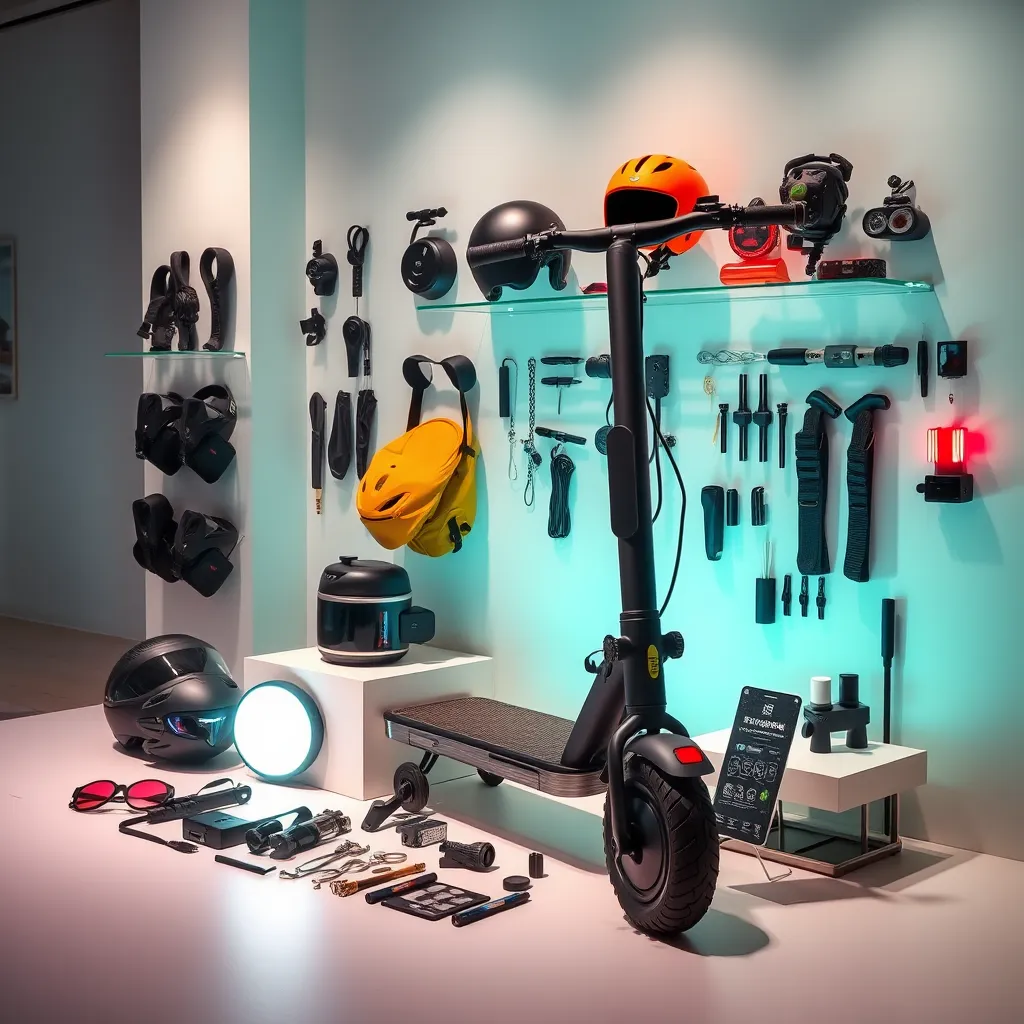 A vibrant and visually appealing image showcasing a curated selection of electric scooter accessories and parts. The image should feature a variety of products in a well-organized display. The background should be a clean, modern setting, with soft, diffused lighting. The products should be arranged in a visually appealing and informative way, highlighting their functionality and style. Include a variety of accessories, such as helmets, handlebar bags, phone holders, lights, and spare parts. The image should capture a sense of excitement and personalization, encouraging customers to explore the diverse range of accessories available for their electric scooter.