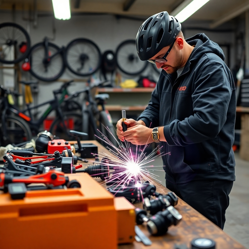 A hyperrealistic image of a skilled mechanic meticulously inspecting an electric scooter in a well-lit workshop. The image should capture a sense of precision and expertise. The mechanic should be wearing a clean, professional uniform, using high-tech tools and equipment. The workshop should have a clean, organized atmosphere, with specialized tools and parts in the background. The electric scooter should be in a state of disassembly, showcasing the intricate details of its internal components. The light should be natural and warm, highlighting the mechanic's concentrated face and the precision of their work.